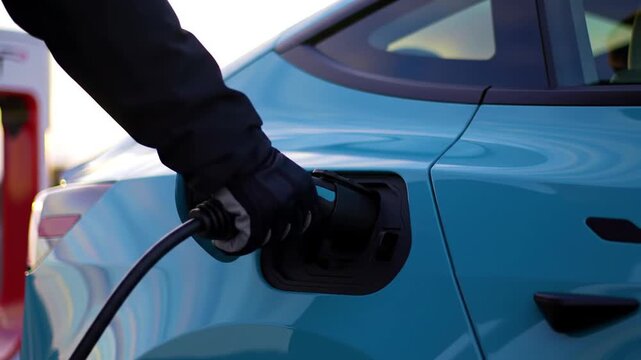 Gloved hand plugging charging cable into blue electric vehicle.