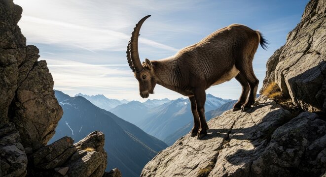 Wild goat with impressive curved horns stands precariously on a rugged mountain peak overlooking a vast alpine landscape.