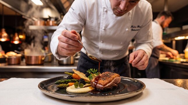 Professional Chef Adding Sauce with Precision to Gourmet Dish
