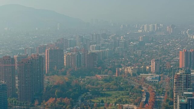Drone Aerial Pan of Parque Araucano Park and High Rise Residential Buildings in Las Condes District of Santiago de Chile