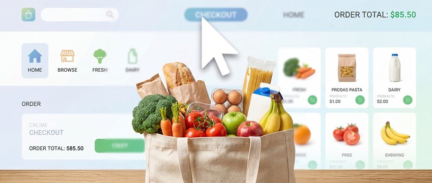 Oversized Mouse Cursor Near Grocery Bag for Online Shopping Concept