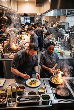 Professional Chef Team Working During Busy Restaurant Service