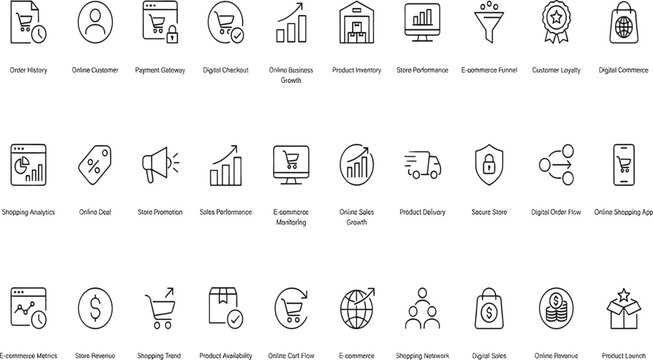 Modern rounded e-Bold sticker-style e-commerce and digital retail icon set for modern mobile shopping appsand retail icon set for user-friendly mobile shopping applications