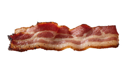 Obraz premium Crispy cooked bacon strip with red meat and white fat layers, isolated on transparent background