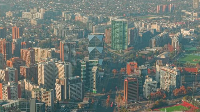 Aerial Establishing of Las Condes Cityscape Buildings and Avenue Traffic in Santiago de Chile