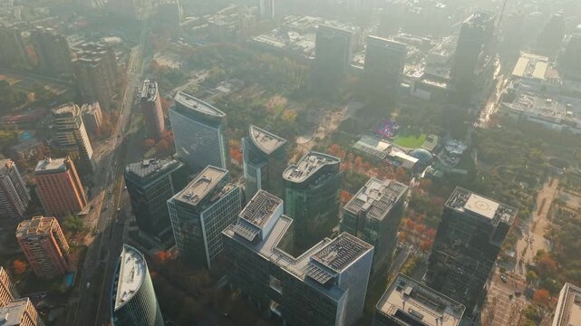 Drone Aerial Flight Modern Corporate Skyscrapers of Nueva Las Condes next to Araucano Park in Santiago de Chile