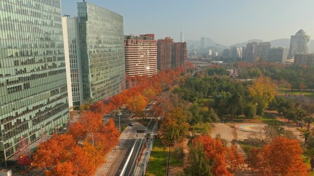 Drone Aerial Pan Avenue Traffic Glass Skyscrapers and Araucano Park in Las Condes Santiago de Chile