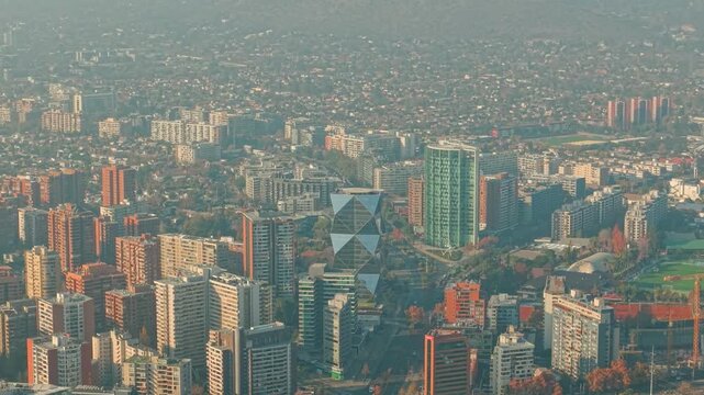 Drone Aerial Establishing of Las Condes Cityscape with modern Buildings in Santiago de Chile