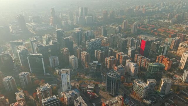 Aerial Establishing Flight Above Mixed Residential and Office Buildings with Street Traffic in Las Condes Santiago de Chile