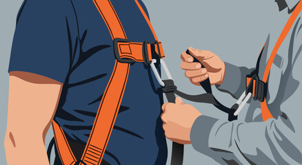 Fototapeta premium Industrial safety concept with workers checking safety harness vector illustration