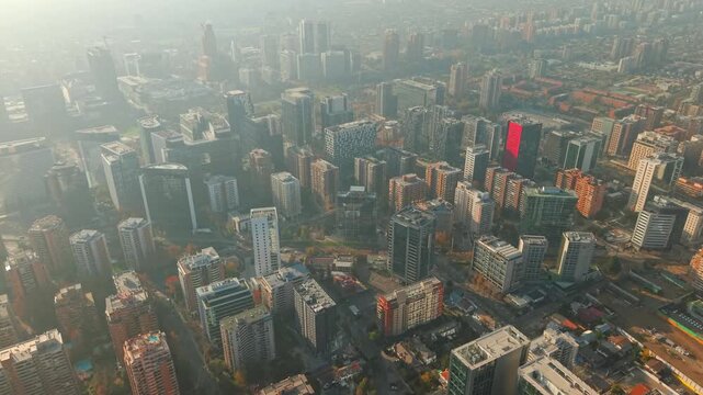 Drone Aerial Establishing View of El Golf Financial District and Sanhattan Skyscrapers in Santiago de Chile