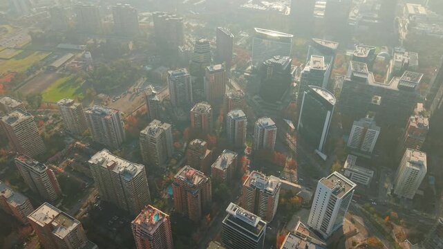 Panning of Residential Brick Towers and Glass Office Buildings in Santiago de Chile Drone Aerial
