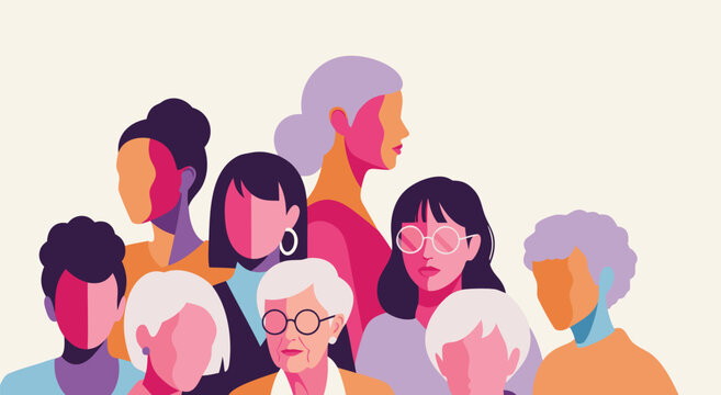 Vector illustration of diverse group of women standing together, representing sisterhood, female empowerment and multicultural community