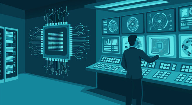 Futuristic control room vector illustration with man managing digital data on screens