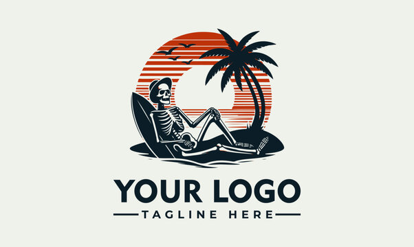 Relaxed Summer Skeleton Surfing at Sunset Vector Logo Illustration Design
