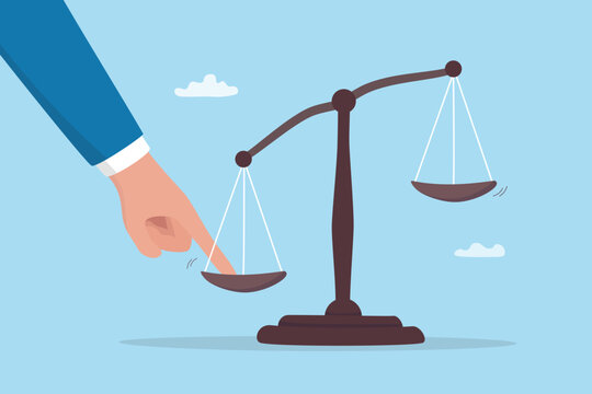 Bias inequality or unfair integrity, doubtful justice, corruption or imbalance dilemma, verdict comparison or business manipulation discrimination, businessman hand push unbalance scale weight.