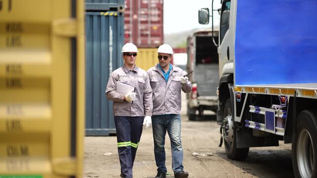 Logistics team members discuss container movement schedules and review transportation documents. Cargo verification, distribution planning, and freight coordination management performance.