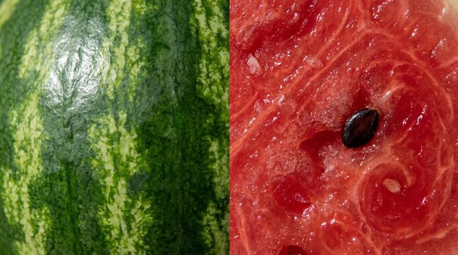 Macro Split: Green Striped Watermelon Rind vs. Crystalline Red Flesh