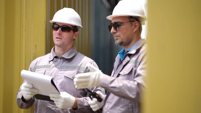 Senior and junior logistics supervisors work together to inspect shipment details and manage container transportation activities. Communication, planning, and cargo inspection support.