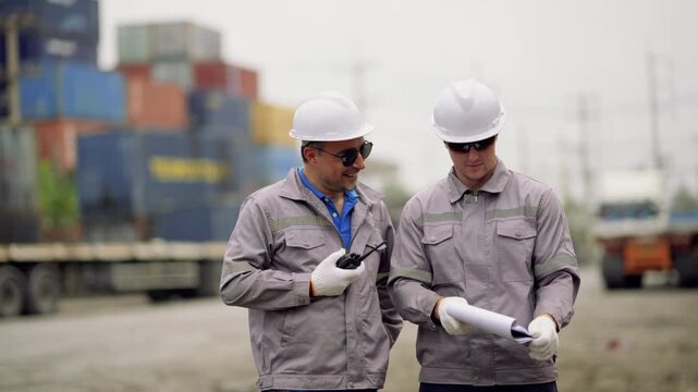 Senior and younger logistics supervisors review shipment documentation and discuss container transportation plans. Teamwork, cargo inspection, freight transportation, and supply chain management.
