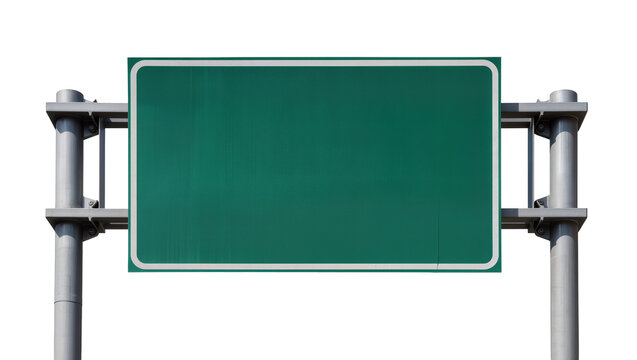 Green highway sign with white border mounted on metal poles, isolated on transparent background