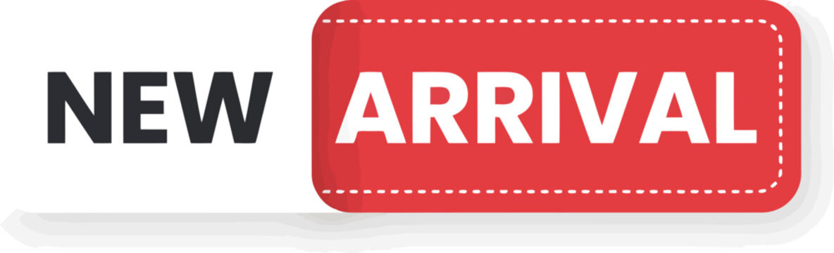 New Arrival text on a red tag with dotted border and shadow announcement sale