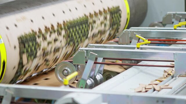 Rotating industrial printing cylinder processing cardboard material on production line, cutting out portions for structural efficiency
