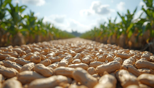 Peanuts lie in abundance across the vast agricultural field under a bright blue sky after the harvest season concludes in this rural landscape setting for food production and agriculture.