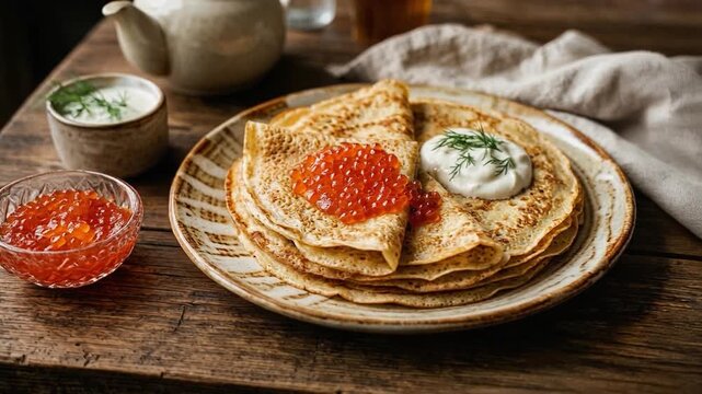 Traditional Russian blini with red caviar and sour cream, a classic delicacy from Russia, served as an elegant breakfast or festive appetizer.
