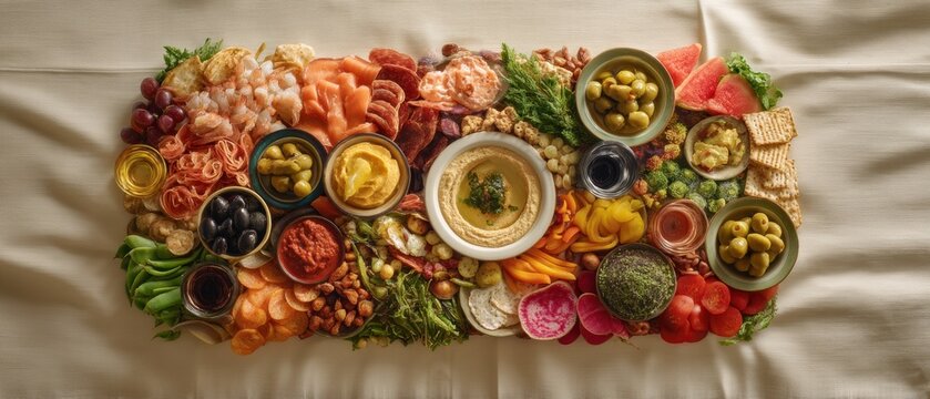 Large charcuterie board with hummus, assorted appetizers, cured meat, cheese, fresh vegetable and fruit. Gourmet grazing platter for festive party dining and catering buffet.