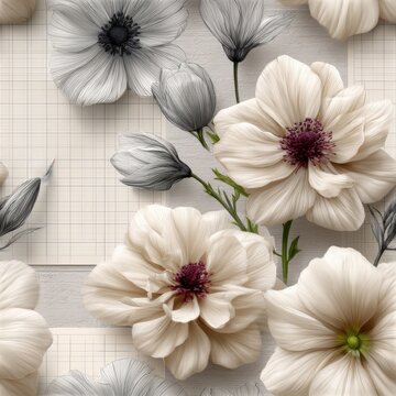 Elegant white flowers on a soft neutral background, botanical beauty, minimalist floral decor, timeless natural elegance. SEAMLESS PATTERN