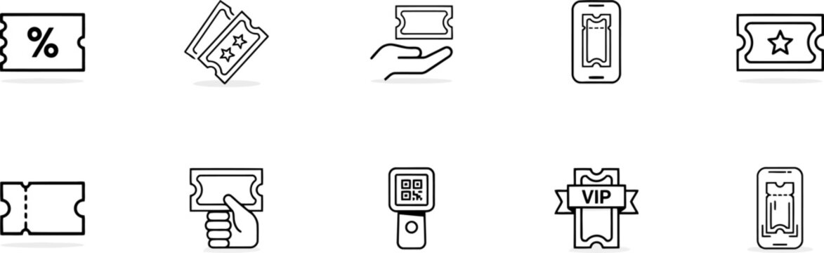 Outline icons of tickets, coupons, and mobile ticketing with hands and QR code scanner