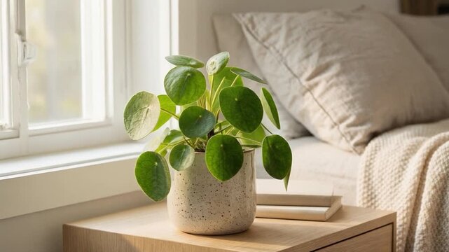 Minimalist indoor plant in a stylish ceramic pot beside a sunlit window, creating a calm, cozy atmosphere with natural home decor aesthetics.