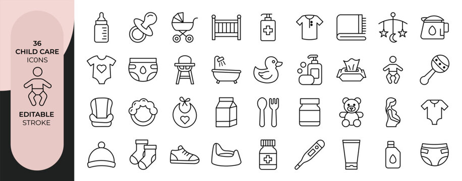 Child Care Outline Icon Set Editable Stroke Parenting Vector Pack