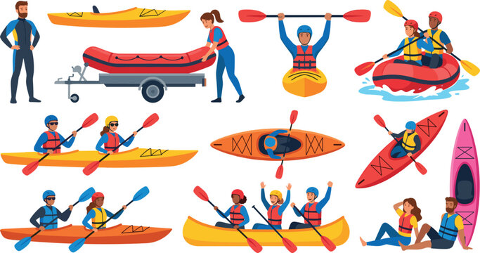 Kayaking and Rafting Vector Character Set with People Paddling Canoes, Inflatable Boats, and Water Sports Equipment for Outdoor Adventure and Summer Recreation Designs