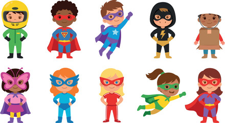 Cute Kids in Superhero Costumes Vector Set featuring Boys and Girls Wearing Masks Capes and Capes Graphic Designs © Rtazmina