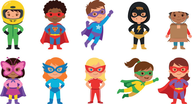 Cute Kids in Superhero Costumes Vector Set featuring Boys and Girls Wearing Masks Capes and Capes Graphic Designs