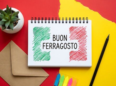 Notebook with italian flag and buon ferragosto text green