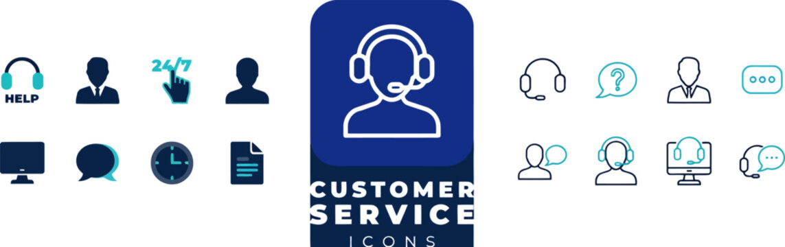 Set of blue and teal customer service and communication icons on a dark blue background