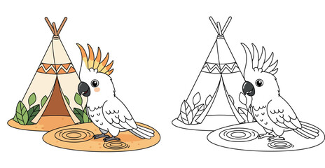 Cute White Cockatoo Bird Standing by a Teepee Tent in Nature © MstSangita