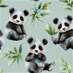 Obraz premium Cute panda pattern with tropical leaves, playful wildlife theme, nursery illustration, adorable animal design. SEAMLESS PATTERN