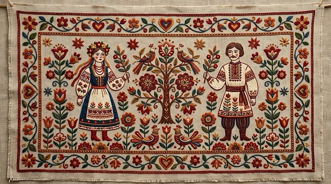 Traditional ukrainian folk embroidery pattern with man woman and floral motif