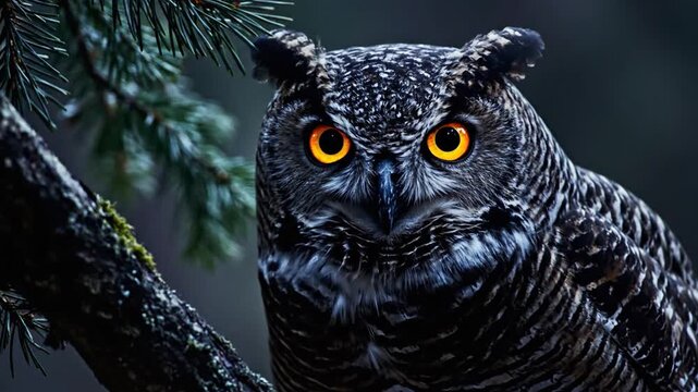 Great grey owl perched on tree branch at night.