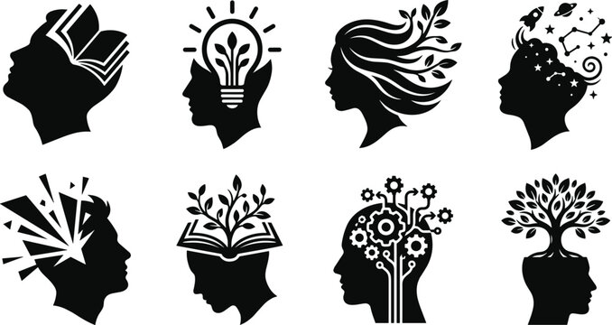 Creative Mind and Personal Growth Silhouette Icons Set Featuring Learning, Innovation, Knowledge, and Mental Development