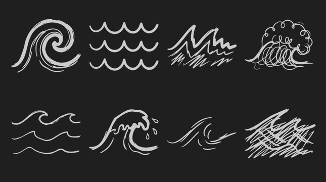 Eight chalk doodle style wave illustrations on a dark background, depicting various sea water shapes