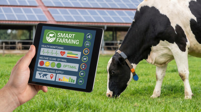 Dairy farmers hand holding a tablet with smart farming data beside a collared dairy cow on a solar powered farm.