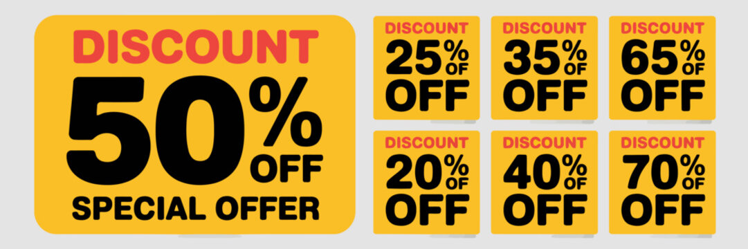 Yellow discount tags showing percentages off and special offer text sale