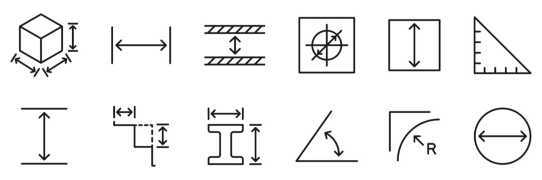 Measurement and dimension set icon collection, linear outline signs for technical drawing, engineering blueprint layout, geometric size scale specification, vector illustration.