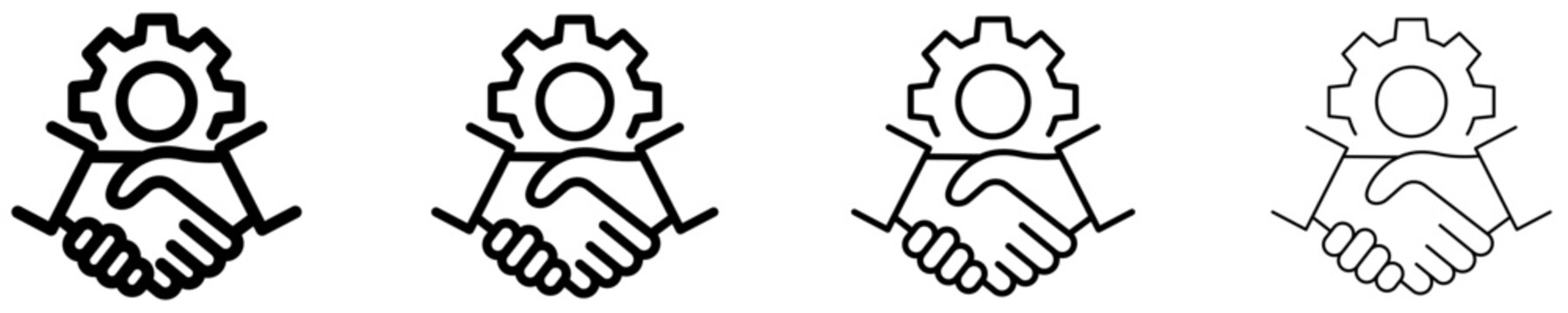 Set of handshake with gear icons, symbols for business cooperation, technical partnership, teamwork, agreements, and process optimization. Vector illustration