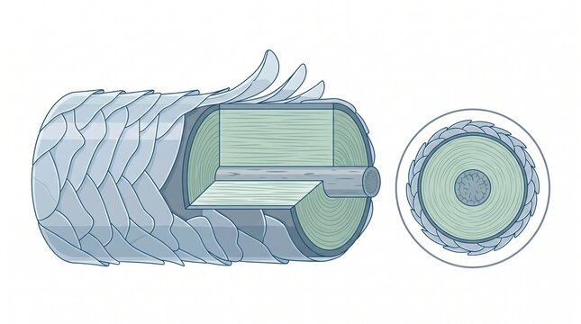 Professional Medical Vector Illustration of Human Hair Shaft Anatomy Showing Longitudinal Cutaway and Cross Section Views of Protective Cuticle Scales Fibrous Cortex and Central Medulla Core